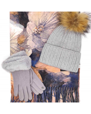 Комплект Шал, шапка и ръкавици в сиво с цвете Комплект Шал, шапка и ръкавици в сиво с цвете