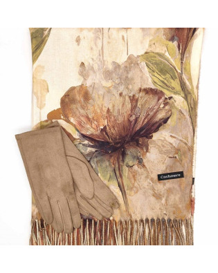 Бежов комплект Шал с цвете и ръкавици Бежов комплект Шал с цвете и ръкавици