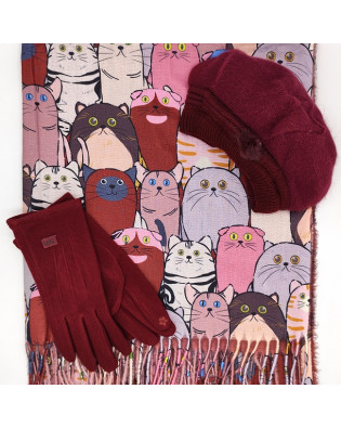 Стилен дамски комплект с котки-Шал, шапка и ръкавици в бордо Стилен дамски комплект с котки-Шал, шапка и ръкавици в бордо