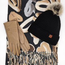 Дамски зимен комплект – шапка с пух, шал и ръкавици в бежово и черно