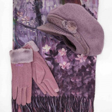 Дамски комплект -Шапка тип барета, кашмирен шал и ръкавици с пух в лилаво Дамски комплект -Шапка тип барета, кашмирен шал и ръкавици с пух в лилаво