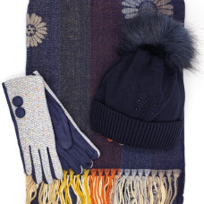 Дамски зимен комплект с цвете в синьо-Шал. шапка и ръкавици