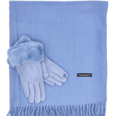 Дамски зимен комплект кашмирен шал и ръкавици с пух в светло синьо