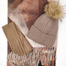 Луксозен зимен комплек-кашмирен шал  на фигури, шапка с косъм и ръкавици