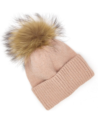 Дамска зимна шапка в розово с пух от естествен косъм Дамска зимна шапка в розово с пух от естествен косъм