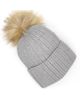 Дамска зимна шапка сива с подгъв и пух естествен косъм Дамска зимна шапка сива с подгъв и пух естествен косъм