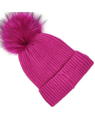 Дамска зимна шапка с пух о естествен косъм и подгъв-Цикламена Дамска зимна шапка с пух о естествен косъм и подгъв-Цикламена