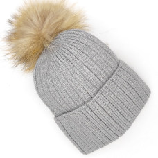Дамска зимна шапка сива с подгъв и пух естествен косъм Дамска зимна шапка сива с подгъв и пух естествен косъм