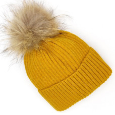 Дамска зимна шапка горчица с пух от естествен косъм и подгъв Дамска зимна шапка горчица с пух от естествен косъм и подгъв
