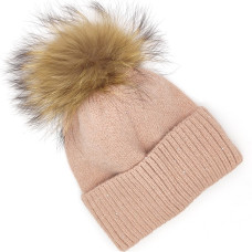 Дамска зимна шапка в розово с пух от естествен косъм Дамска зимна шапка в розово с пух от естествен косъм