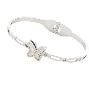 Стилна дамска гривна от медицинска стомана с пеперуда и кристали, твърда тип бенгъл Стилна дамска гривна от медицинска стомана с пеперуда и кристали, твърда тип бенгъл