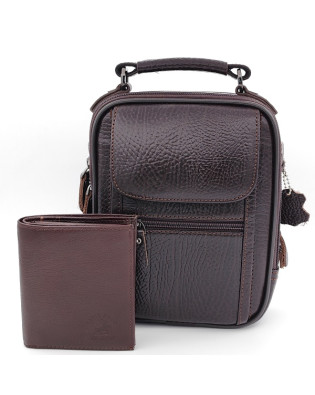 Подарък за мъж – комплект чанта и портфейл от естествена кожа в кафяво Подарък за мъж – комплект чанта и портфейл от естествена кожа в кафяво