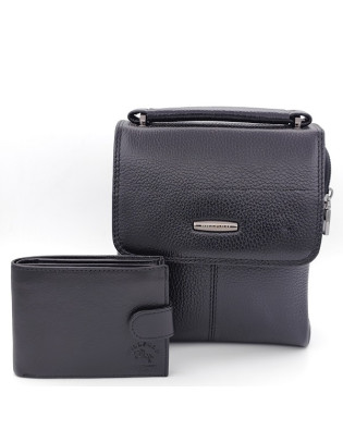 Подаръчен комплект за мъж -Чанта с капак и портфейл от естествена кожа в черно Подаръчен комплект за мъж -Чанта с капак и портфейл от естествена кожа в черно