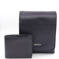 Подаръчен комплект за мъж – чанта с цял капак и портфейл от естествена кожа в черно