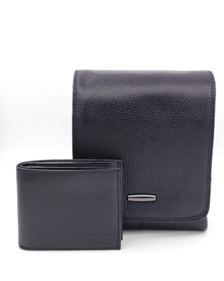 Подаръчен комплект за мъж – чанта с цял капак и портфейл от естествена кожа в черно Подаръчен комплект за мъж – чанта с цял капак и портфейл от естествена кожа в черно