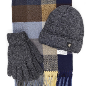 Шал, шапка и ръкавици – мъжки зимен комплект в сиво и синьо каре Шал, шапка и ръкавици – мъжки зимен комплект в сиво и синьо каре