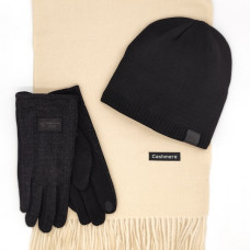 Кашмирен шал в цвят шампанско черна шапка и ръкавици- Мъжки зимен комплект Кашмирен шал в цвят шампанско черна шапка и ръкавици- Мъжки зимен комплект