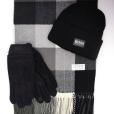 Шал, шапка и ръкавици – Елегантен мъжки комплект в черно и сиво Шал, шапка и ръкавици – Елегантен мъжки комплект в черно и сиво