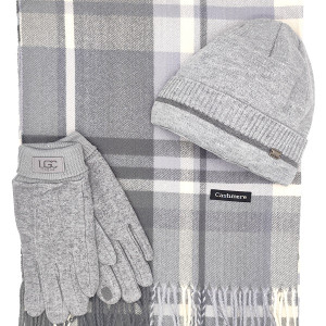 Шал, шапка и ръкавици – кашмирен шал в светлосиво каре, мъжки зимен комплект