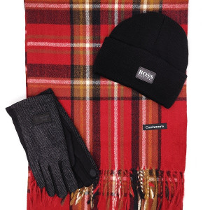 Мъжки зимен комплект BOSS – кашмирен шал в червено каре, шапка и луксозни ръкавици Мъжки зимен комплект BOSS – кашмирен шал в червено каре, шапка и луксозни ръкавици