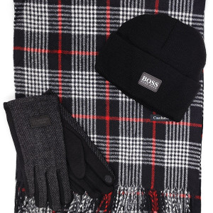 Шал, шапка и ръкавици – кашмирен шал в черно, бяло и червено каре, Шал, шапка и ръкавици – кашмирен шал в черно, бяло и червено каре,