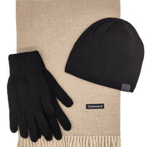 Шал, шапка и ръкавици-Мъжки комплект в бежово и черно Шал, шапка и ръкавици-Мъжки комплект в бежово и черно