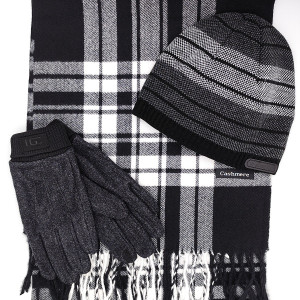 Мъжки комплект шапка, шал и ръкавици в черно и бяло – луксозен подарък за мъж
