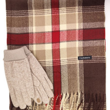 Коледен подарък за мъж – кашмирен шал с ръкавици в бежово и червено каре