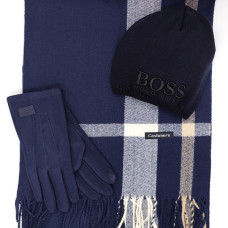 Мъжки комплект шал, шапка и ръкавици в тъмно синьо каре