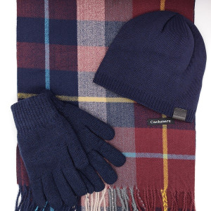 Мъжки комплект шал, шапка и ръкавици в тъмносиньо и бордо – коледен подарък за мъж