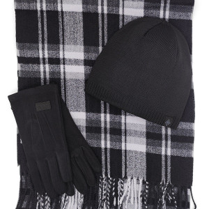 Мъжки комплект шапка, шал и ръкавици в черно каре – коледен подарък за мъж