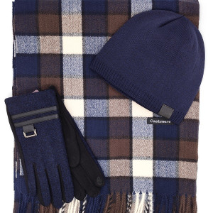 Шал, шапка и ръкавици – кашмирен шал в синьо и кафяво каре, мъжки зимен комплект Шал, шапка и ръкавици – кашмирен шал в синьо и кафяво каре, мъжки зимен комплект