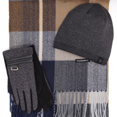 Шал, шапка и ръкавици – кашмирен шал в сиво, синьо и бежово каре, мъжки зимен комплект