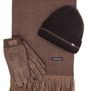 Шал, шапка и ръкавици – кашмирен шал в кафяв цвят, мъжки зимен комплект Шал, шапка и ръкавици – кашмирен шал в кафяв цвят, мъжки зимен комплект