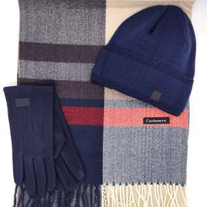 Шал, шапка и ръкавици в синьо и бежово – Зимен мъжки комплект 