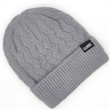 Мъжка зимна шапка плетена с подгъв и подплата- Светло сива