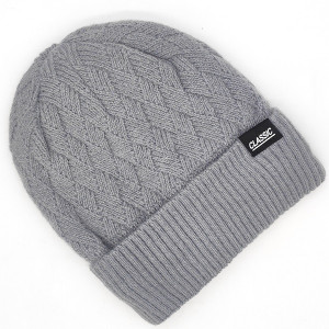 Мъжка зимна шапка плетена с подгъв и подплата- Светло сива