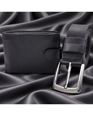 Подарък за мъж – комплект колан BOSSKAN и портфейл WILL POLO, черен