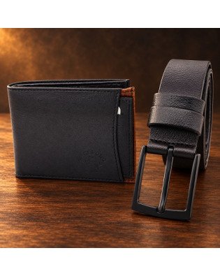 Мъжки комплект колан BOSSKAN и портфейл с визитник WILL POLO – черен и кафяв
