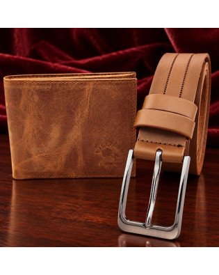 Светлокафяв комплект колан BOSSKAN и портфейл WILL POLO от естествена кожа