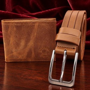 Светлокафяв комплект колан BOSSKAN и портфейл WILL POLO от естествена кожа Светлокафяв комплект колан BOSSKAN и портфейл WILL POLO от естествена кожа