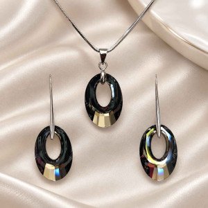 Бижута сваровски комплект колие и висящи обеци с овални кристали Silver Night 