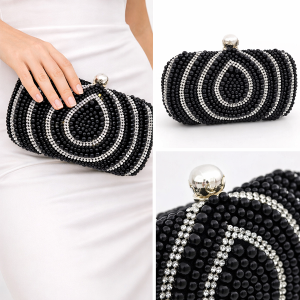 Официална черна чанта с перли и камъни – абитуриентска клъч чанта за бал