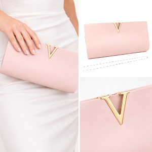 Официална чанта клъч кожна в цвят пудра