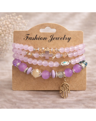 Дамска гривна с лилави мъниста и декоративен кръст