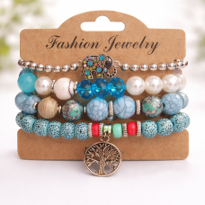 Дамска гривна със сини мъниста ,слонче и дървото на живота