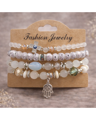 Елегантна дамска гривна с бели мъниста, кръст и ръката на Фатима Елегантна дамска гривна с бели мъниста, кръст и ръката на Фатима