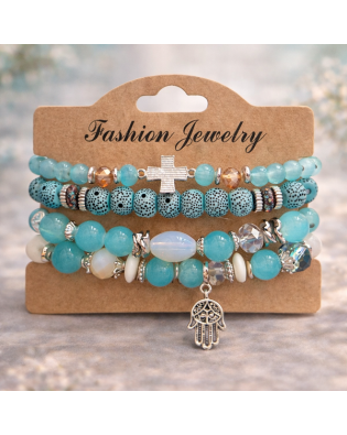 Свежа дамска гривна с тюркоазени мъниста, кръст и ръката на Фатима Свежа дамска гривна с тюркоазени мъниста, кръст и ръката на Фатима
