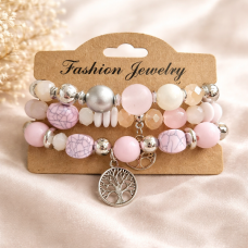 Дамска гривна с розови мъниста и висулка дърво на живота