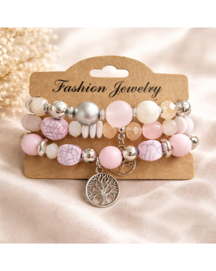 Дамска гривна с розови мъниста и висулка дърво на живота